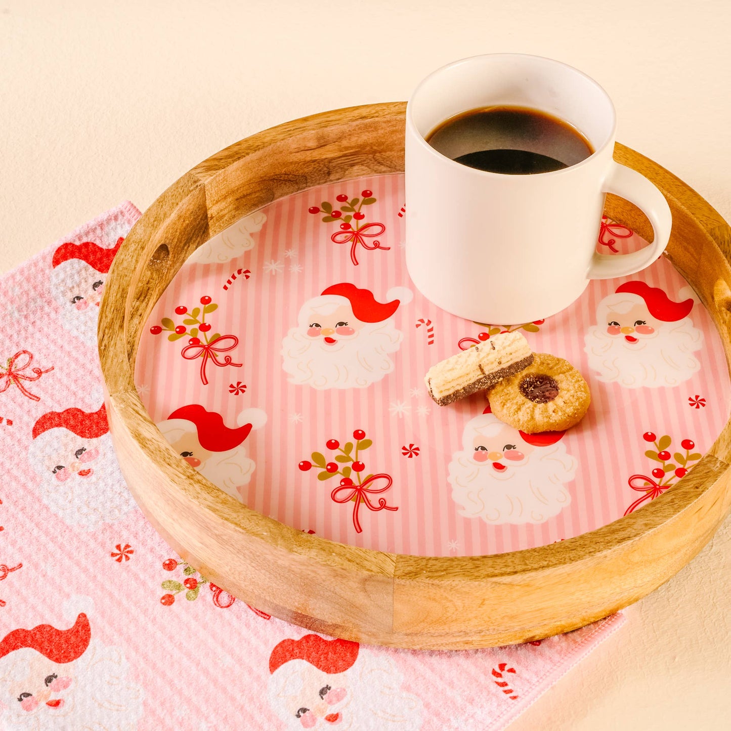 LARGE ROUND WOOD ENAMEL TRAY | HOLLY JOLLY SANTA