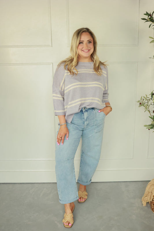 PEWTER DROP SHOULDER STRIPED TOP