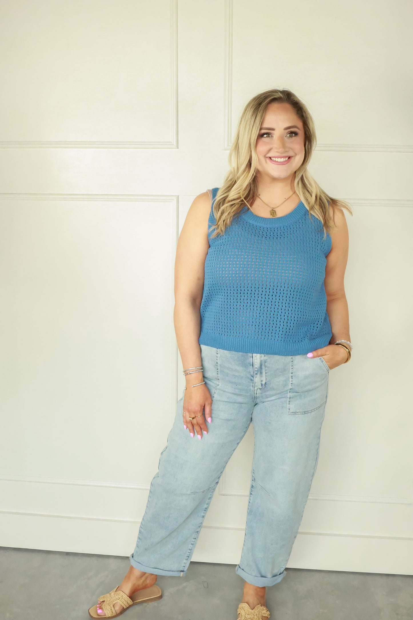 THE OPEN KNIT SLEEVELESS TOP | DENIM BLUE