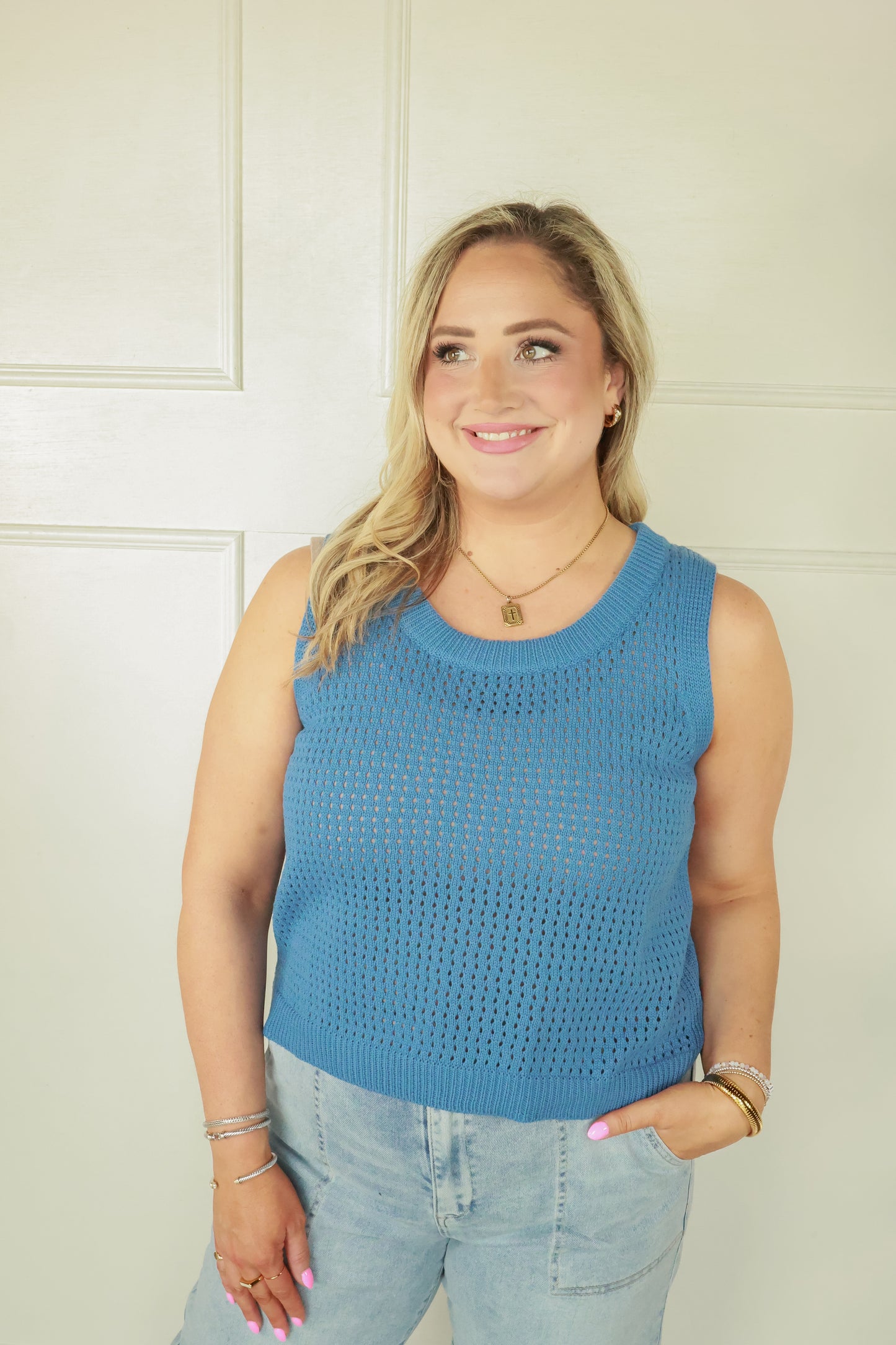 THE OPEN KNIT SLEEVELESS TOP | DENIM BLUE