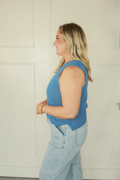 THE OPEN KNIT SLEEVELESS TOP | DENIM BLUE