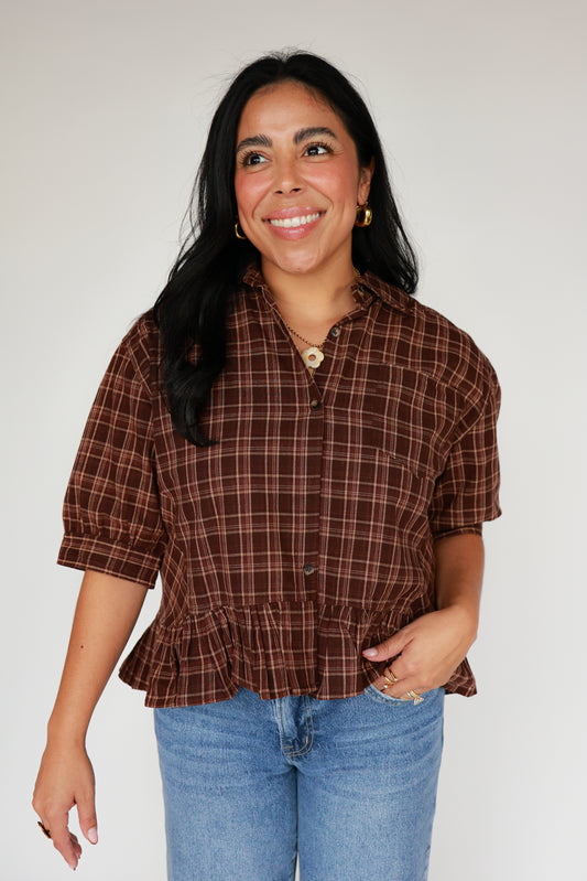 THE BROWN PLAID PEPLUM TOP