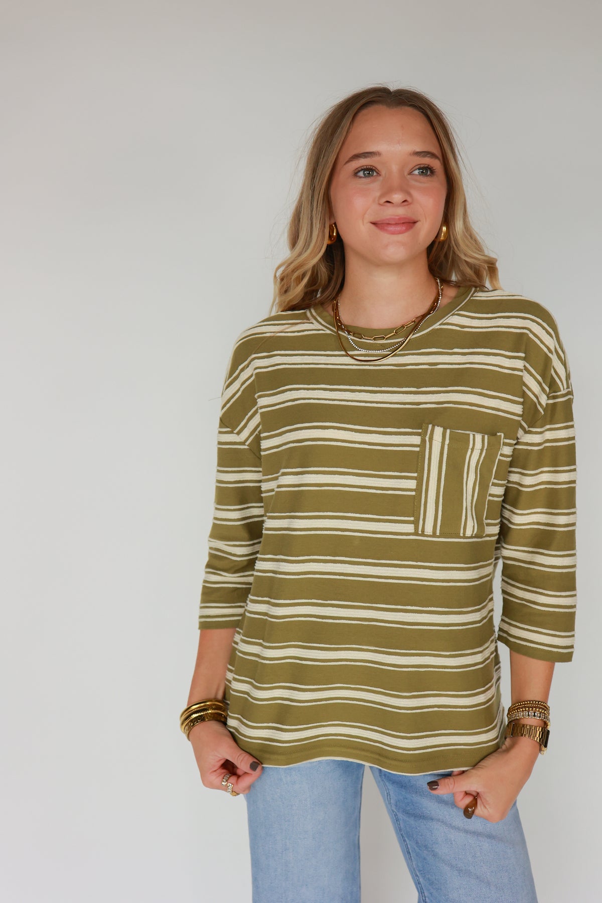THE STRIPED TOP WITH FRONT POCKET | OLIVE