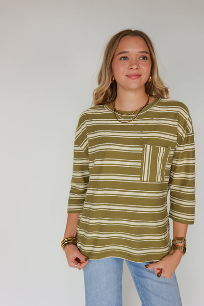 THE STRIPED TOP WITH FRONT POCKET | OLIVE