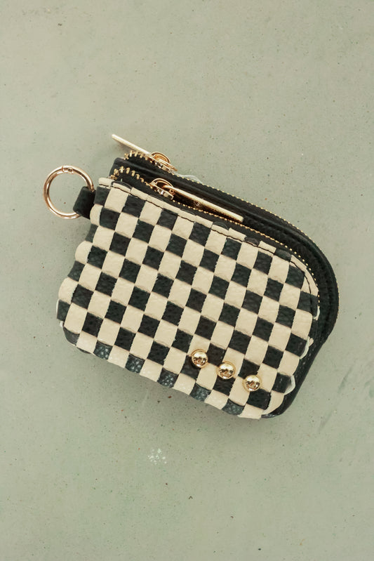 THE CAMERON CLIPPABLE DOUBLE ZIP CARD WALLET | WOVEN CHECKERED BLACK