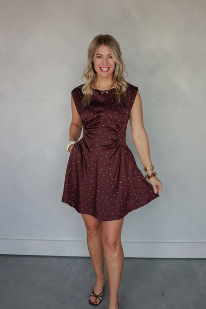 THE BELLE DRESS IN MERLOT POLKA