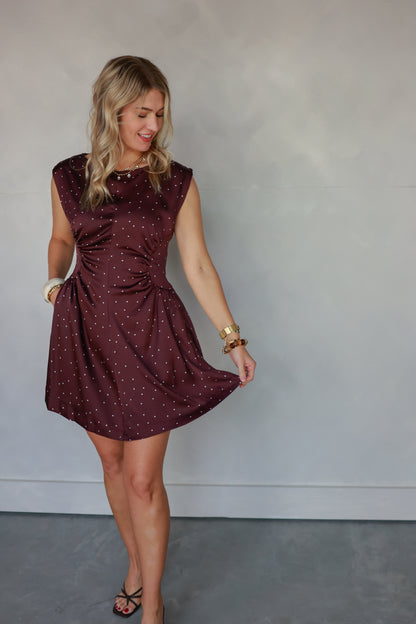 THE BELLE DRESS IN MERLOT POLKA