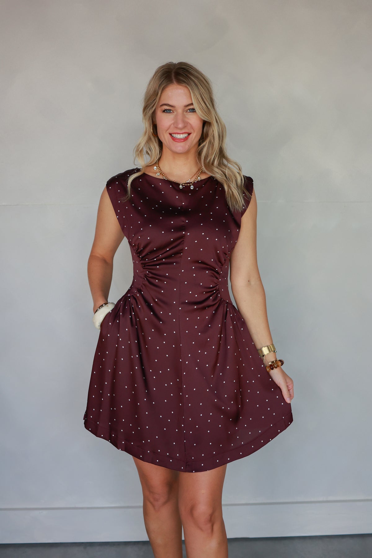THE BELLE DRESS IN MERLOT POLKA