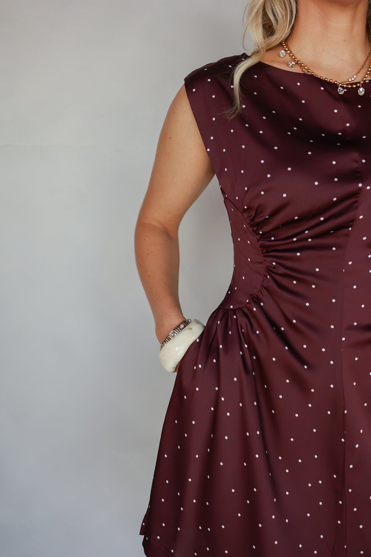 THE BELLE DRESS IN MERLOT POLKA