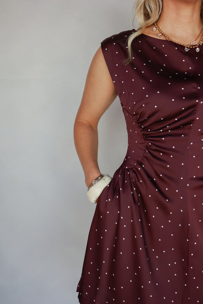 THE BELLE DRESS IN MERLOT POLKA