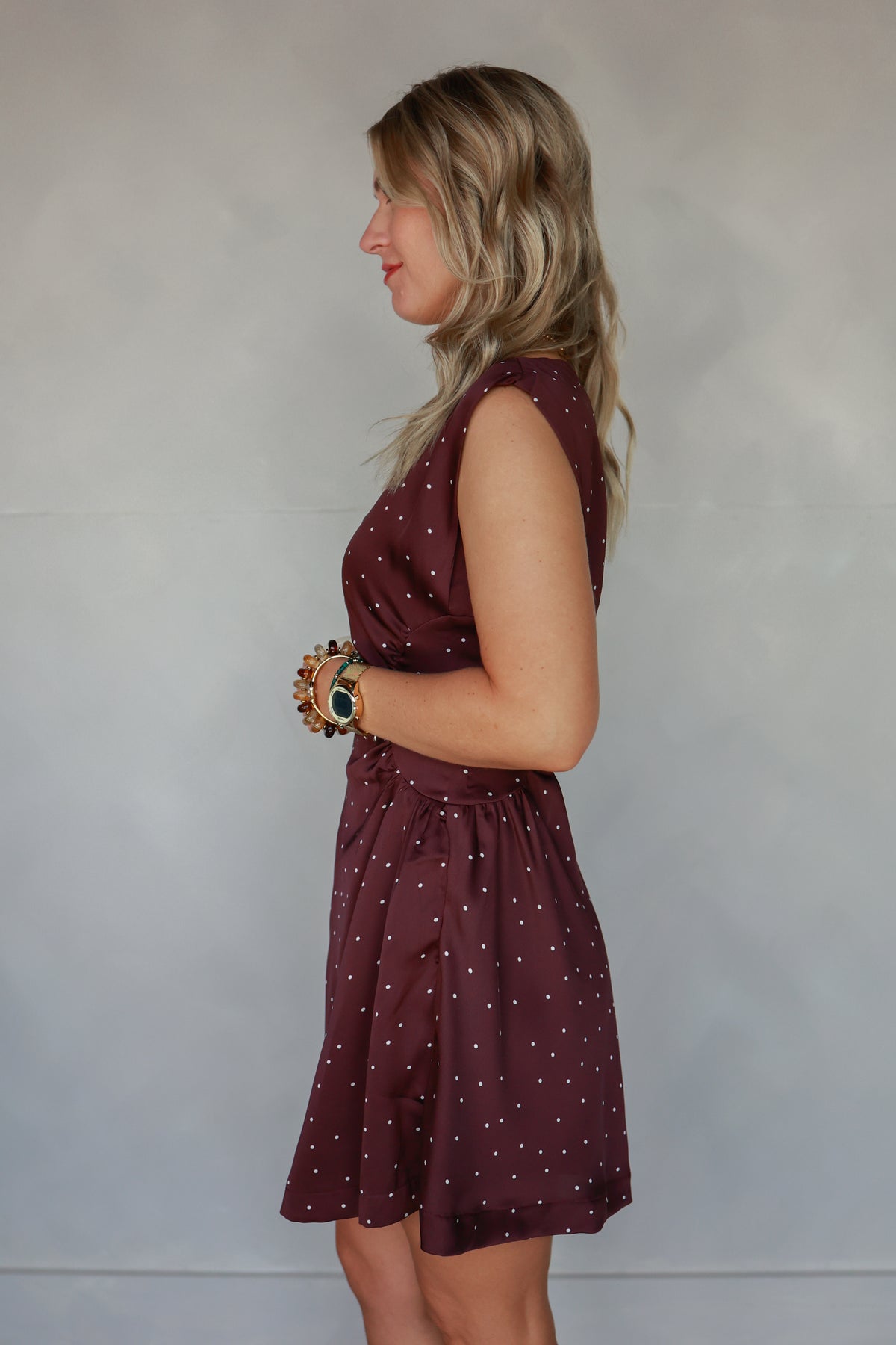 THE BELLE DRESS IN MERLOT POLKA