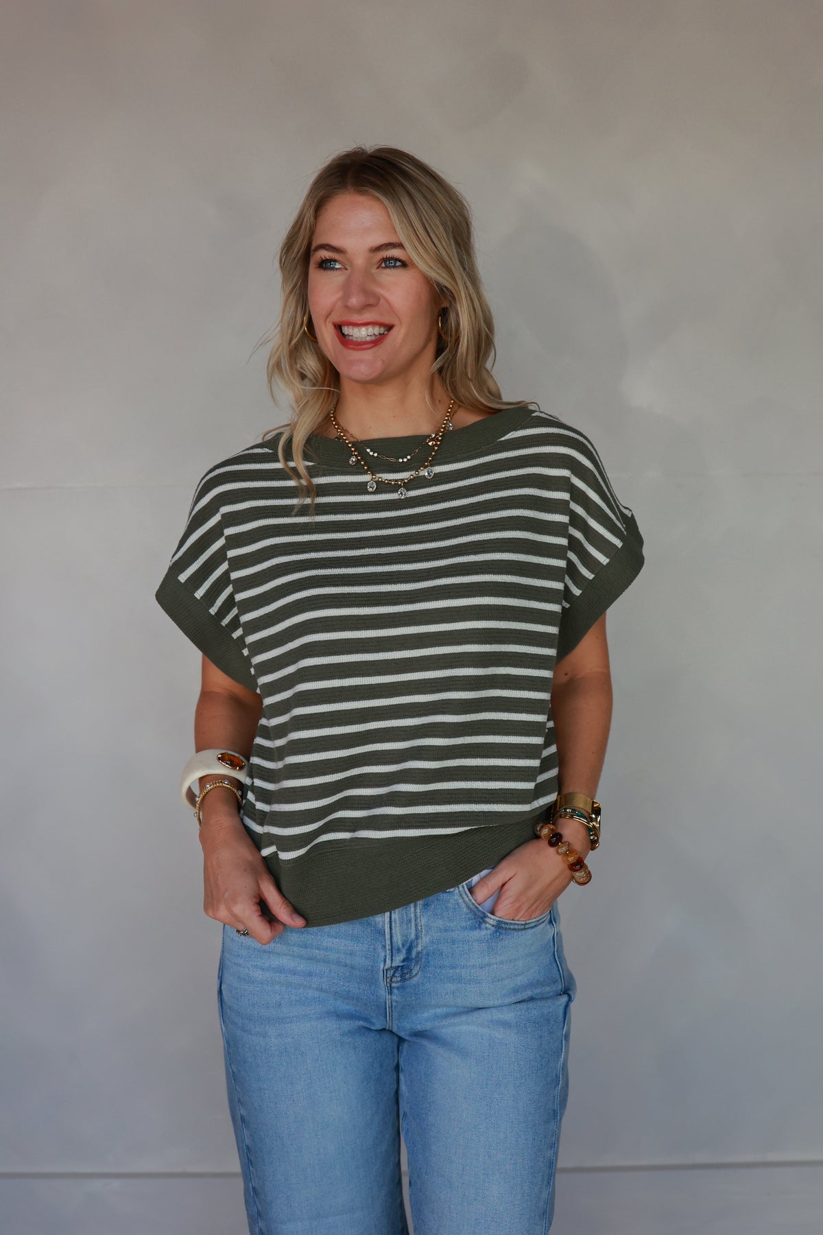 THE EASY KNIT STRIPE TOP | OLIVE