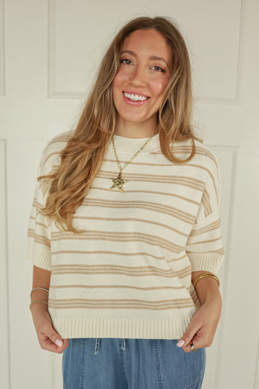 DROP SLEEVE STRIPED TOP | TAUPE
