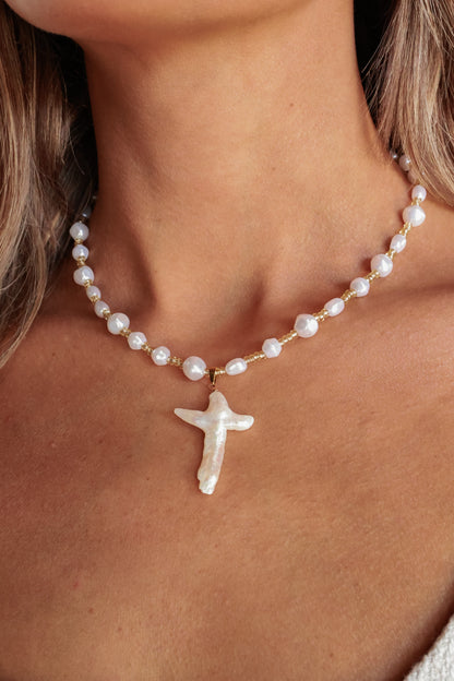 HEAVENLY PEARL CROSS NECKLACE