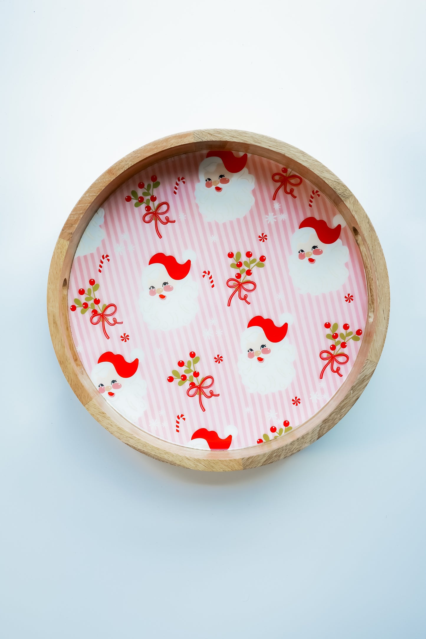 LARGE ROUND WOOD ENAMEL TRAY | HOLLY JOLLY SANTA