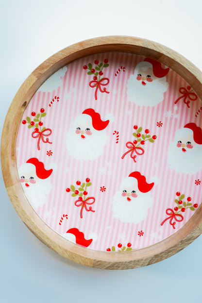 LARGE ROUND WOOD ENAMEL TRAY | HOLLY JOLLY SANTA