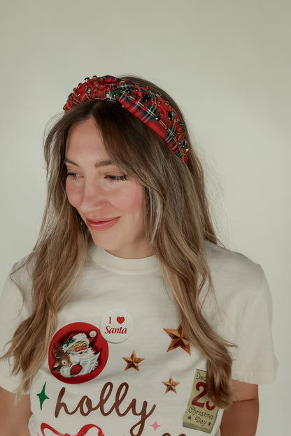 RED PLAID RHINESTONE HEADBAND