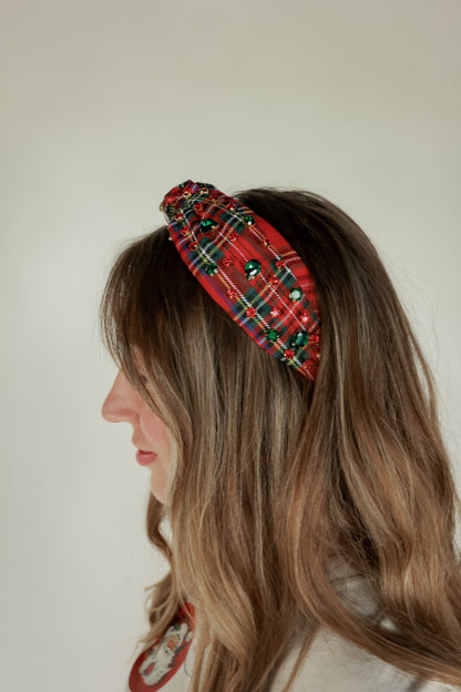 RED PLAID RHINESTONE HEADBAND