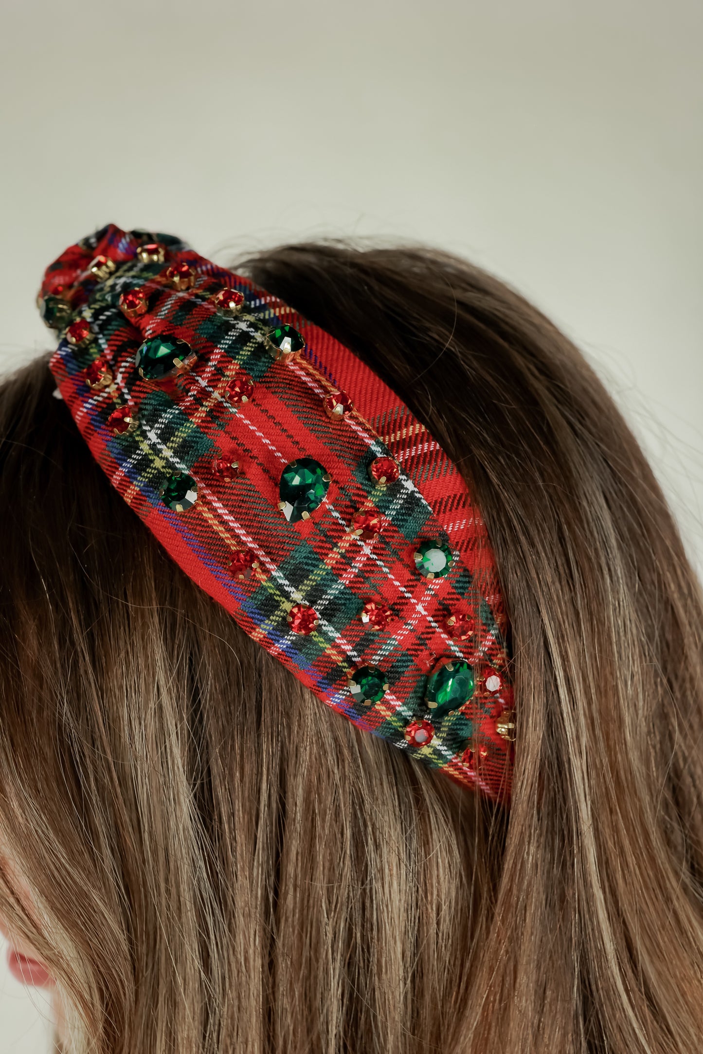 RED PLAID RHINESTONE HEADBAND