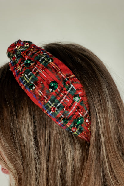 RED PLAID RHINESTONE HEADBAND