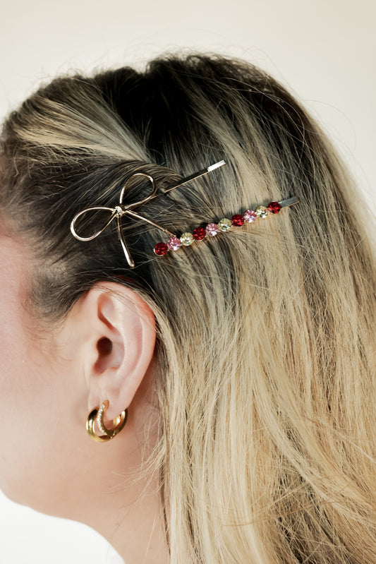 HOLIDAY GEMSTONE AND BOW BOBBY PINS 4 PIECE SET