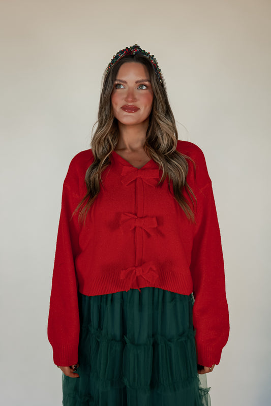 SANTA BABY RED BOW CARDIGAN