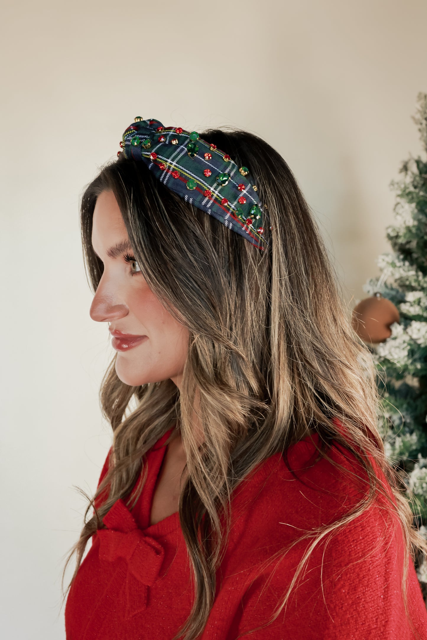 NAVY PLAID RHINESTONE HEADBAND