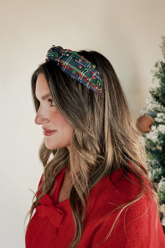 NAVY PLAID RHINESTONE HEADBAND