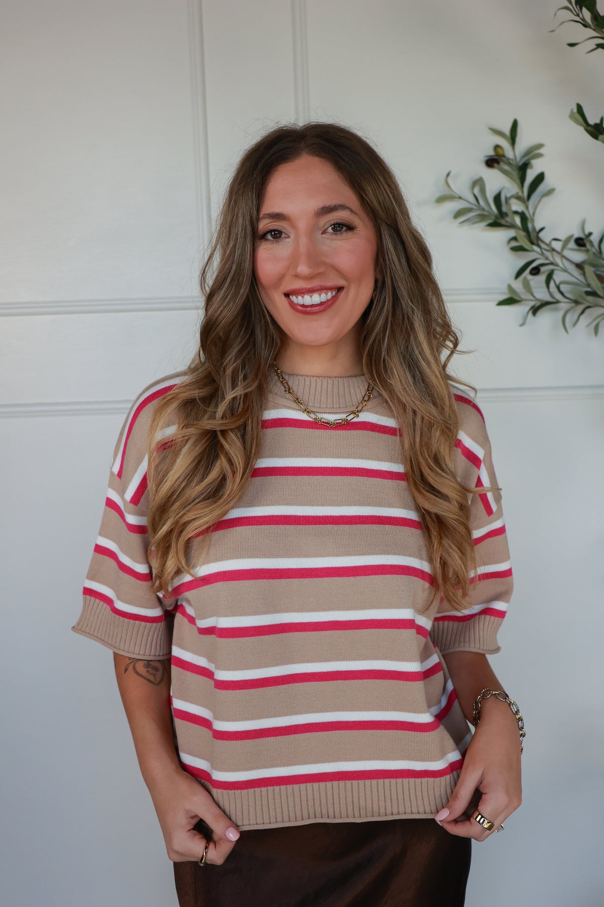 THE RETRO STRIPED SWEATER | BEIGE + PINK
