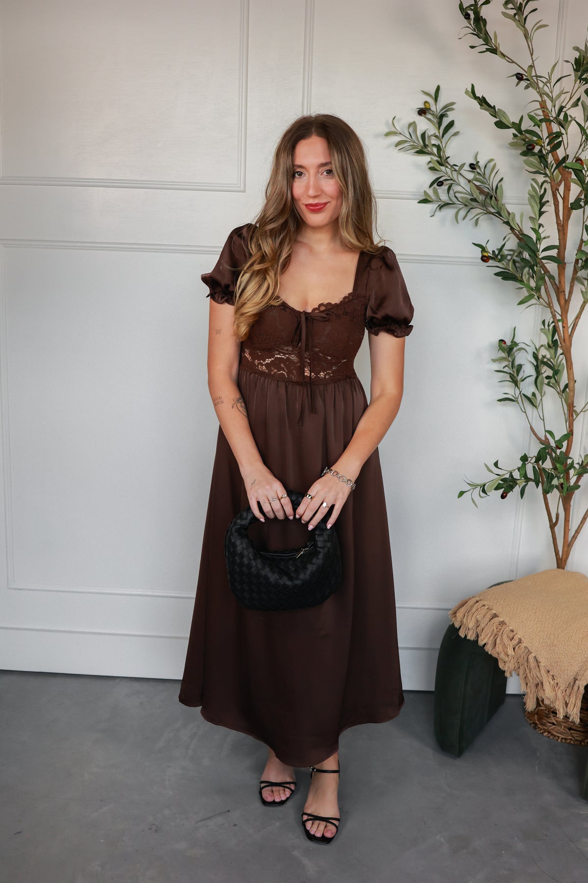THE LACE BODICE SATIN MIDI DRESS