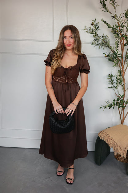 THE LACE BODICE SATIN MIDI DRESS