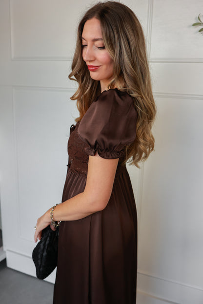 THE LACE BODICE SATIN MIDI DRESS