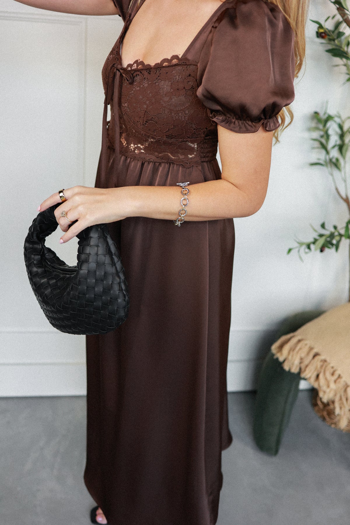 THE LACE BODICE SATIN MIDI DRESS