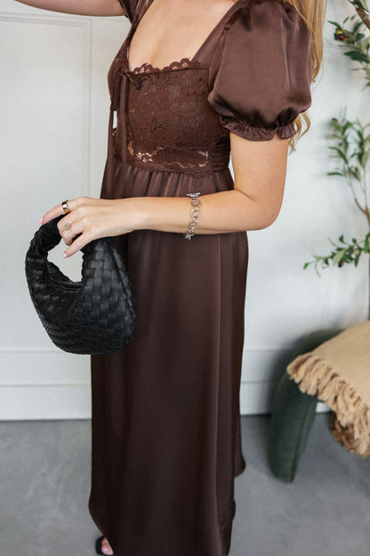 THE LACE BODICE SATIN MIDI DRESS