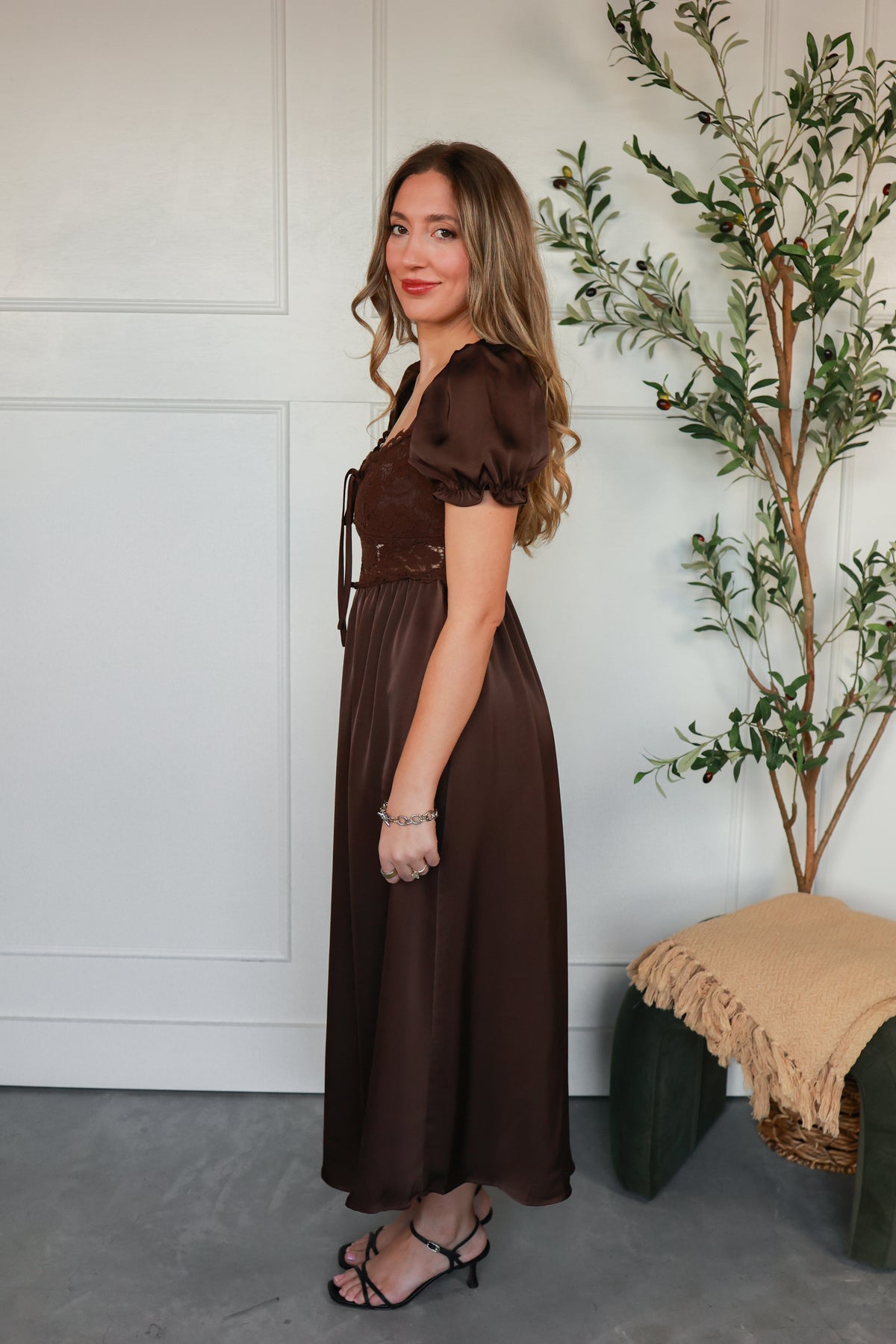 THE LACE BODICE SATIN MIDI DRESS