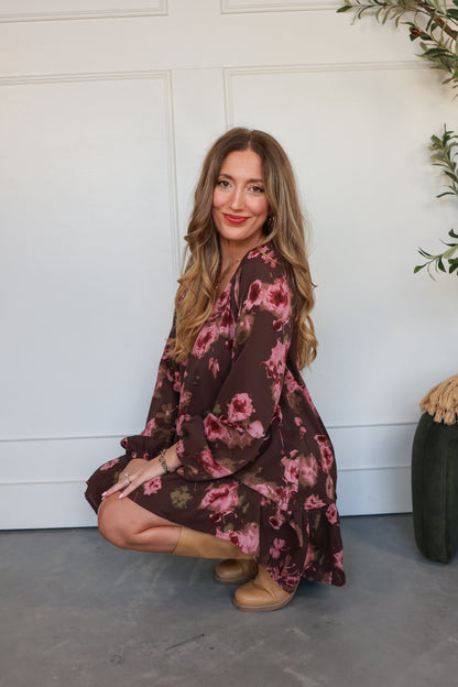 THE FLORAL TIERED DRESS | CHOCOLATE