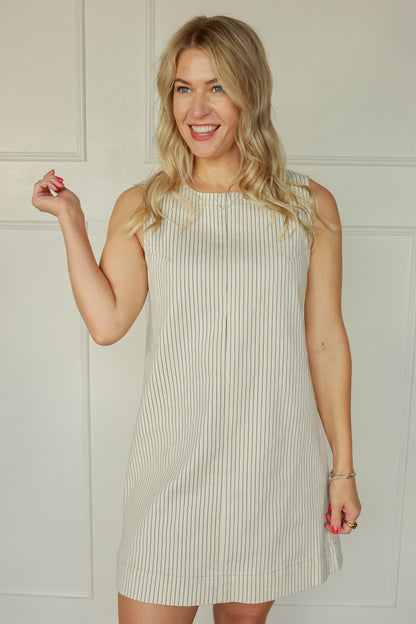 THE PINSTRIPE DENIM MIDI DRESS