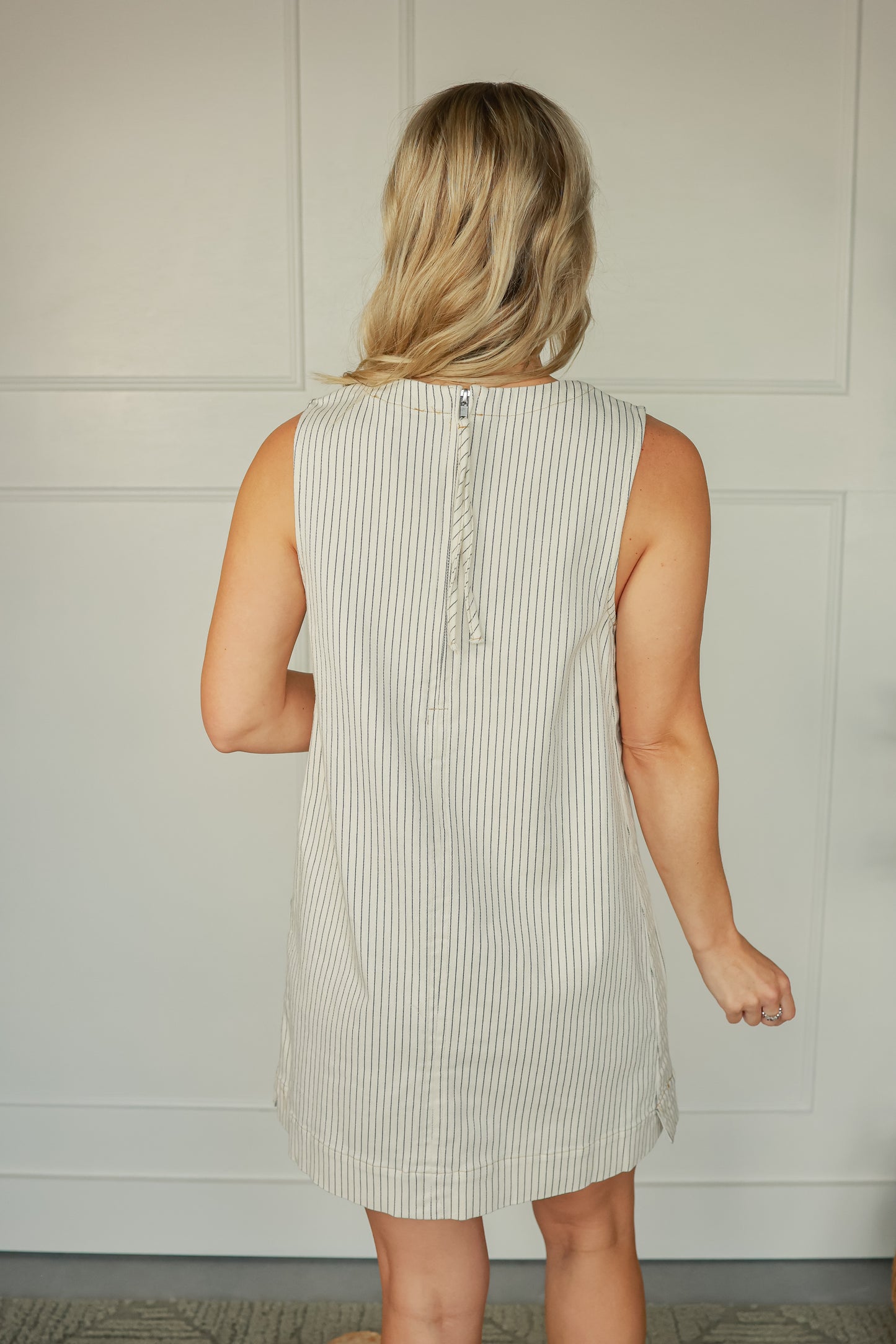 THE PINSTRIPE DENIM MIDI DRESS