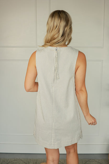 THE PINSTRIPE DENIM MIDI DRESS