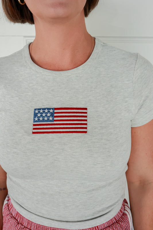 GREY BABY TEE | AMERICAN FLAG