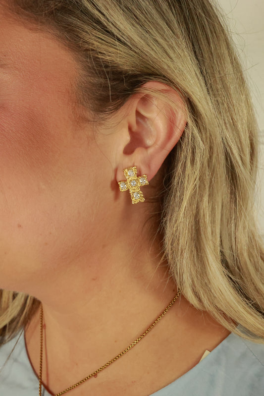 CRYSTAL CROSS STUD EARRINGS