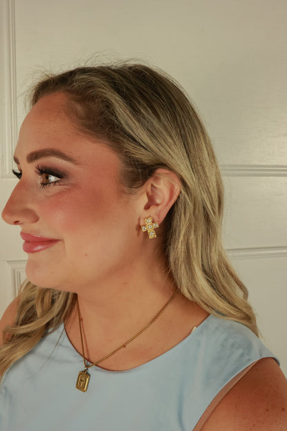 CRYSTAL CROSS STUD EARRINGS