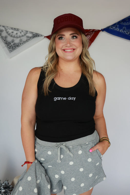 GAME DAY EMBROIDERED RIBBED TANK | BLACK