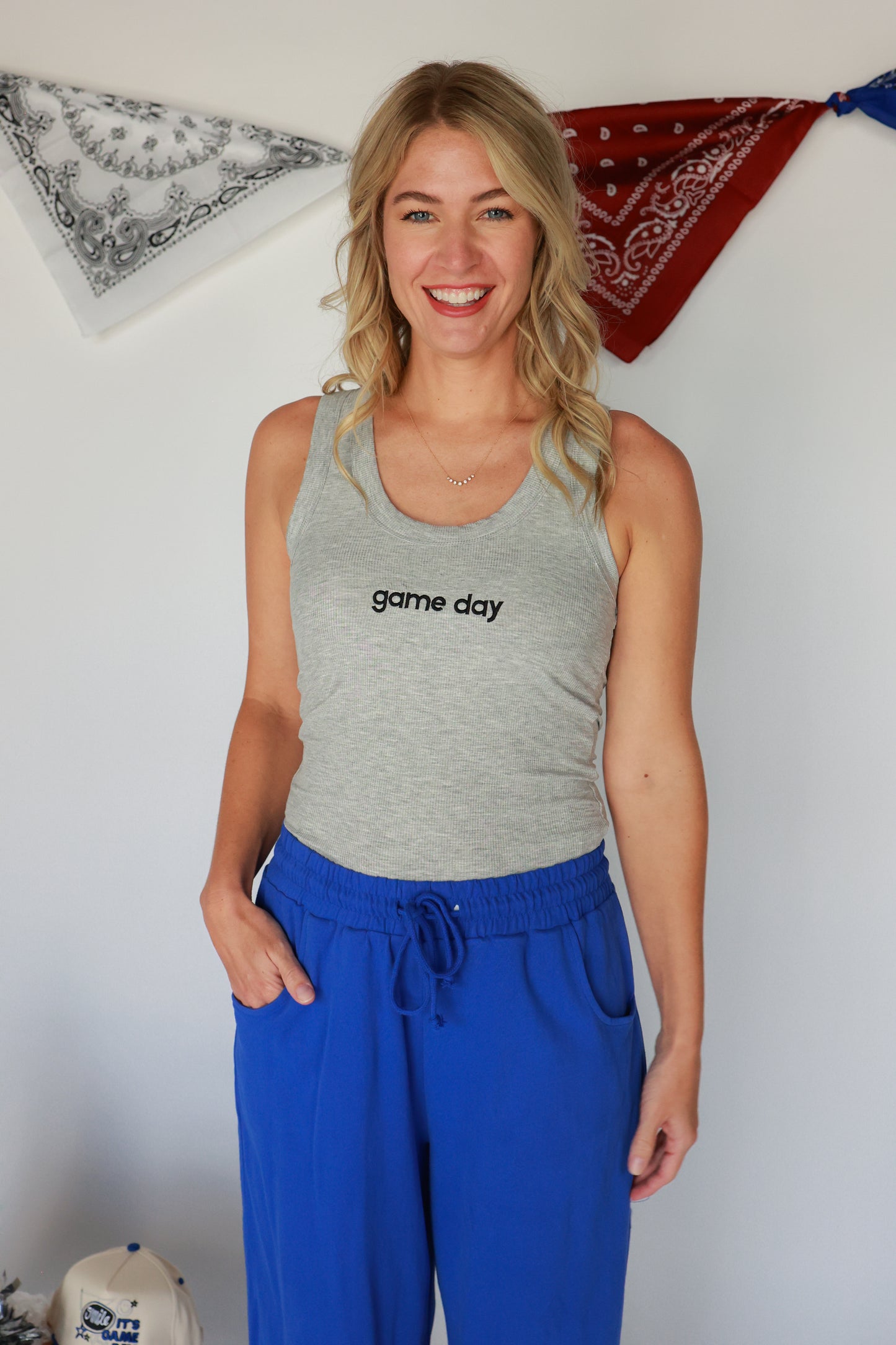 GAME DAY EMBROIDERED RIBBED TANK | HEATHER