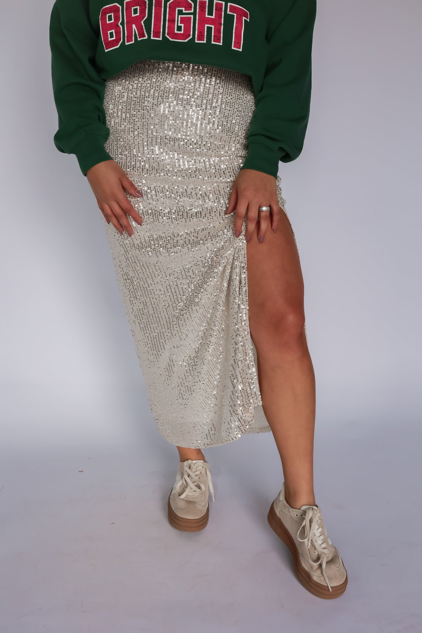 COVER ME IN SPARKLES CHAMPAGNE MIDI SKIRT