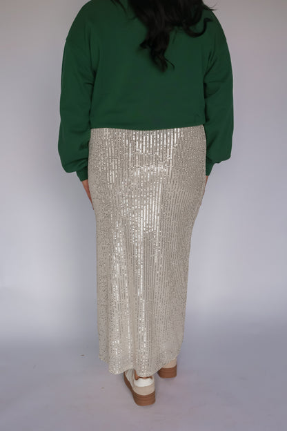 COVER ME IN SPARKLES CHAMPAGNE MIDI SKIRT