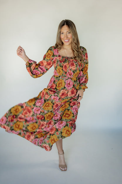 BOLD FLORAL SMOCKED MAXI  | SAGE MULTI