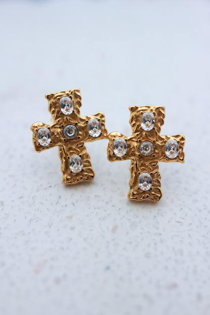 CRYSTAL CROSS STUD EARRINGS