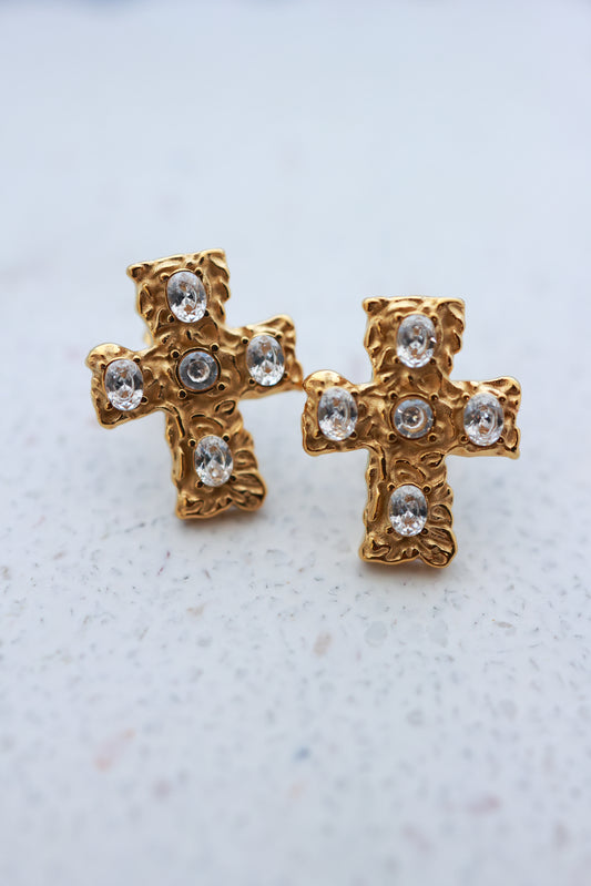CRYSTAL CROSS STUD EARRINGS