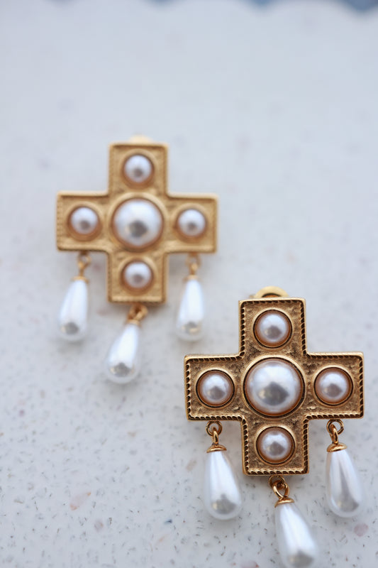 CROSS PEARL DANGLE EARRINGS